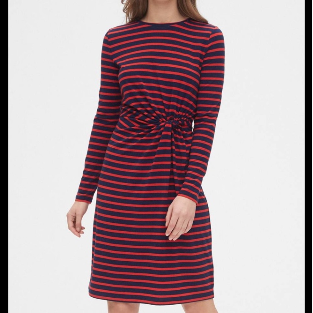 Gap Women’s Long Sleeve Red Navy Striped Twist Front Midi Casual Dress EUC